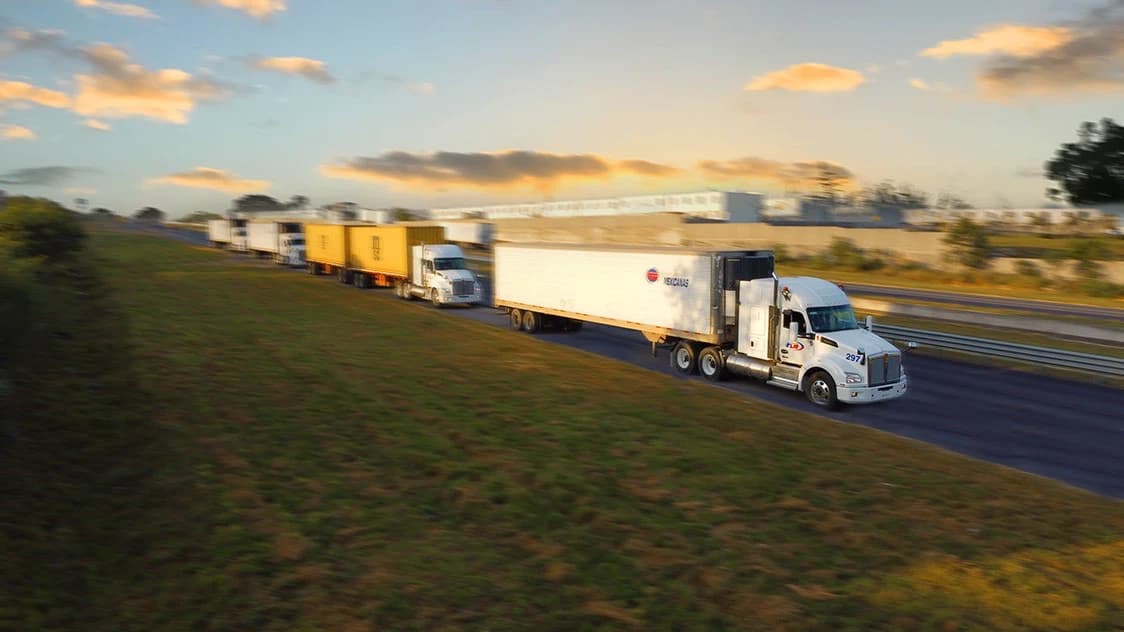 Convoy de tractocamiones TLM en movimiento al atardecer
